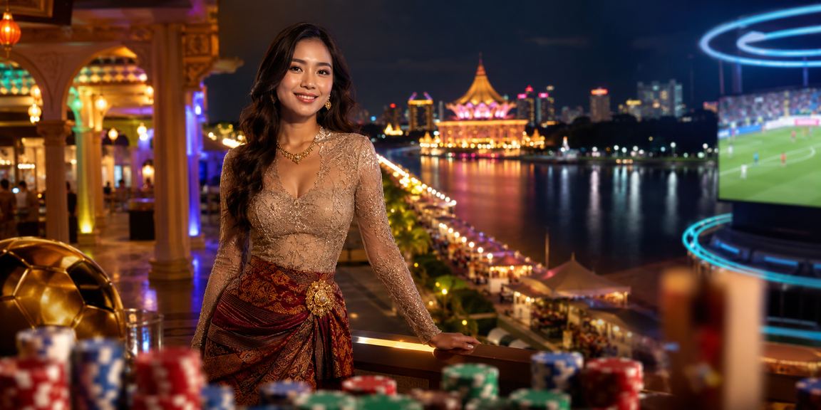 Suasana kasino hiburan Kuching bergaya Melayu dengan pencahayaan neon lembut ungu